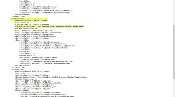 Yellow highlight on the <DataMgmtSequenceName> line.